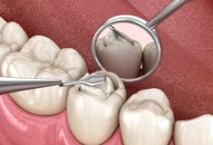 A 3D illustration of the tooth-colored filling process