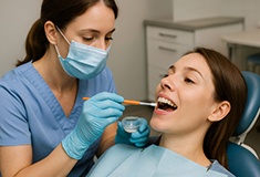 Hygienist applying fluoride to woman’s teeth