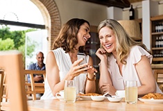 Two friends smiling at restaurant