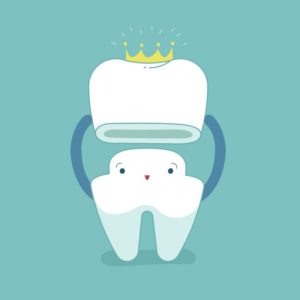 Cartoon image of a tooth receiving a dental crown.