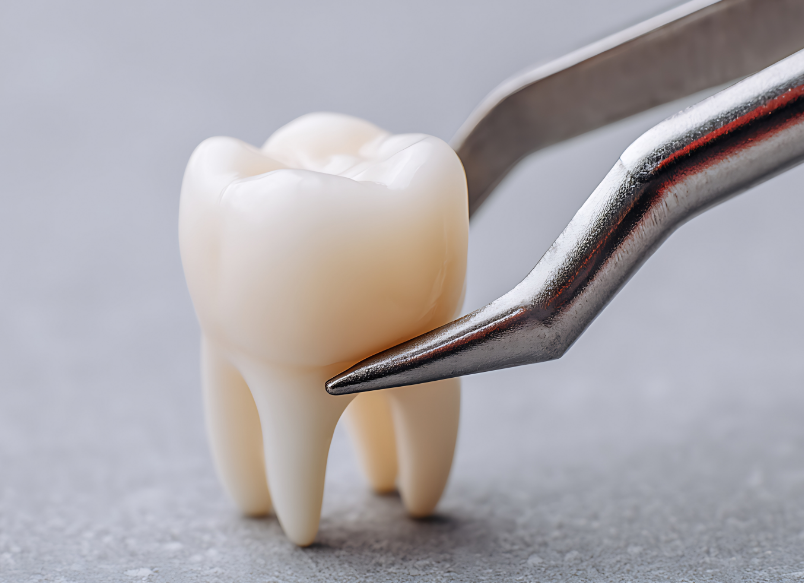 Extracted tooth on forceps